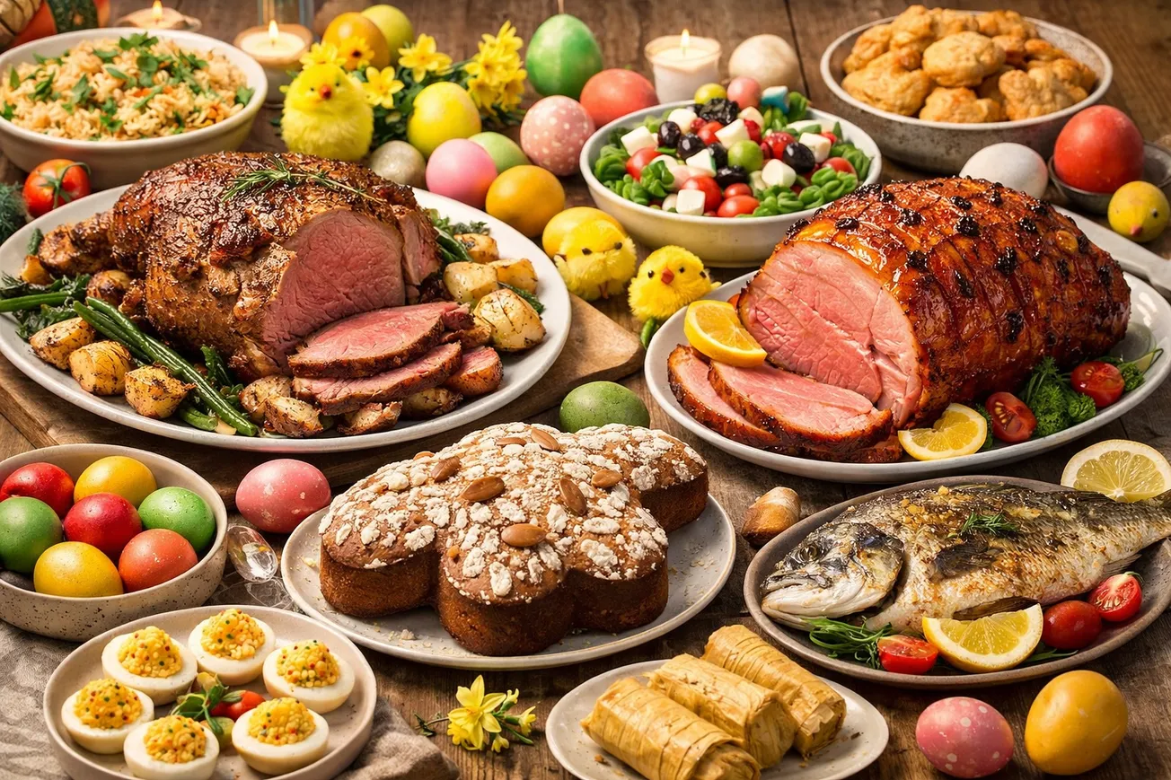 Ostergerichte aus aller Welt auf einem festlich gedeckten Tisch mit Eiern und Frühlingsdekoration