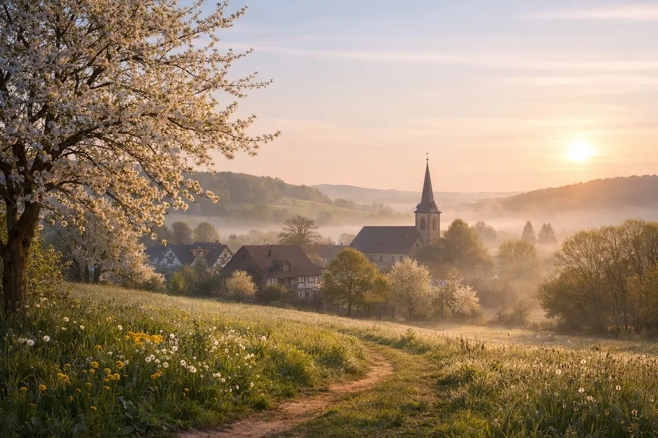 Ruhige Osterstimmung am Morgen: Frühlingswiese, blühender Baum und Dorfkirche im sanften Licht