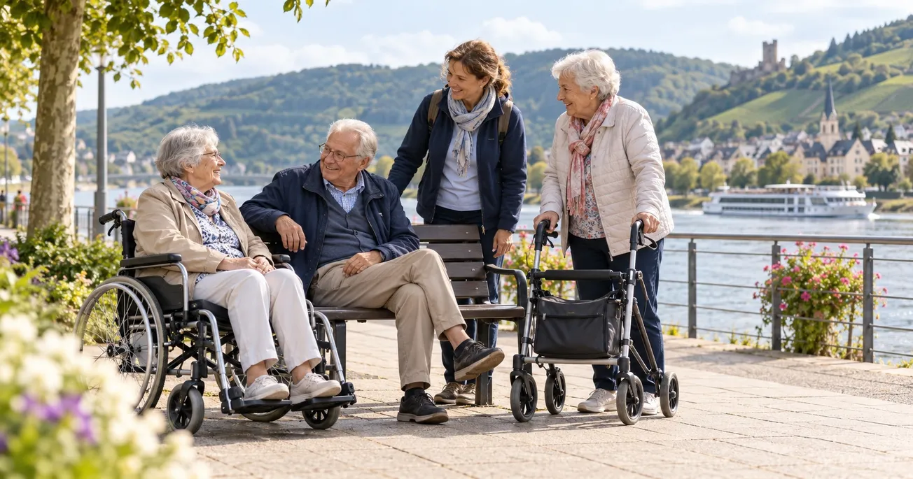 Ältere Reisende mit Rollstuhl und Rollator unterhalten sich auf einer Uferpromenade